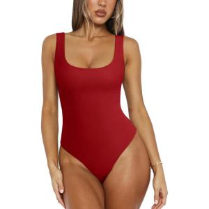 imageREORIA Bodysuit for Women Scoop Neck Sleeveless Tank Top Bodysuits 2025 Sexy Thong Bodysuit Basic Leotards for WomenTomato