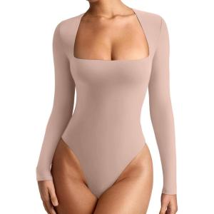imageREORIA Womens Basic Lightweight Layering Sexy Slim Square Neck Long Sleeve Bodysuit TopsApricot