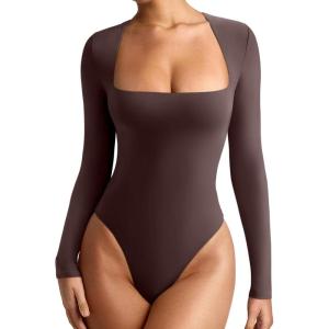 imageREORIA Womens Basic Lightweight Layering Sexy Slim Square Neck Long Sleeve Bodysuit TopsCocoa