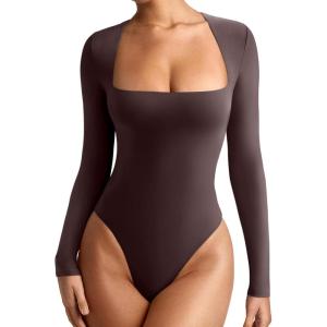 imageREORIA Womens Basic Lightweight Layering Sexy Slim Square Neck Long Sleeve Bodysuit TopsDark Coffee