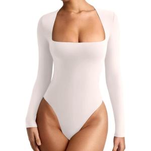imageREORIA Womens Basic Lightweight Layering Sexy Slim Square Neck Long Sleeve Bodysuit TopsDew