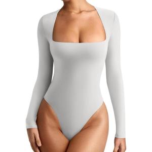 imageREORIA Womens Basic Lightweight Layering Sexy Slim Square Neck Long Sleeve Bodysuit TopsLinght Grey