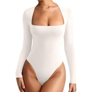imageREORIA Womens Basic Lightweight Layering Sexy Slim Square Neck Long Sleeve Bodysuit TopsLvory White