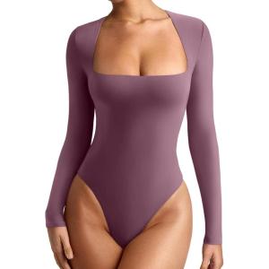 imageREORIA Womens Basic Lightweight Layering Sexy Slim Square Neck Long Sleeve Bodysuit TopsMasala