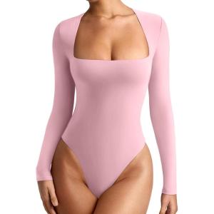 imageREORIA Womens Basic Lightweight Layering Sexy Slim Square Neck Long Sleeve Bodysuit TopsPink Dolphin