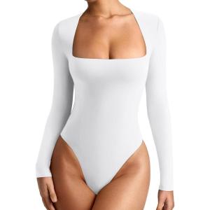 imageREORIA Womens Basic Lightweight Layering Sexy Slim Square Neck Long Sleeve Bodysuit TopsWhite