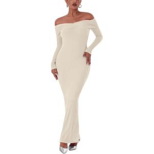 imageREORIA Womens Long Sleeve Strapless OffShoulder Reversible Neckline Mermaid Dress 2025 FallWinter Designer CollectionNude