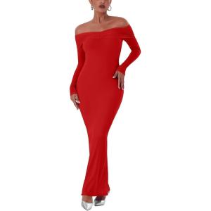 imageREORIA Womens Long Sleeve Strapless OffShoulder Reversible Neckline Mermaid Dress 2025 FallWinter Designer CollectionRed