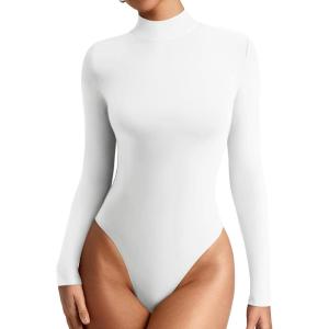imageREORIA Womens Mock Turtle Neck Long Sleeve Bodysuit Lightweight Slim Layering Tops for Fall Winter 2024White