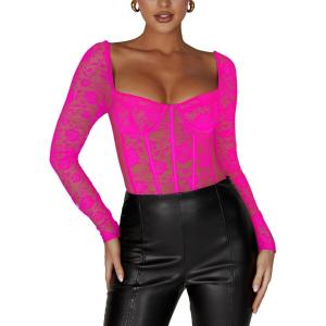 imageREORIA Womens Sexy Floral Lace Sweetheart Neck Mesh Long Sleeve Trendy Going Out Slimming Y2K Bustier Corset Thong BodysuitsRose