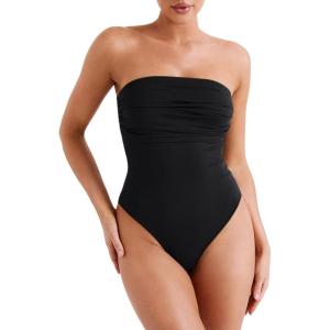 imageREORIA Womens Sexy Strapless Ruched Bodysuit Tube Top Sleeveless Trendy Body SuitsBlack
