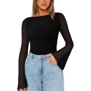 imageREORIA Womens Trendy Sexy Boat Neck Bell Sleeve Sheer Mesh Going Out Bodysuit TopsBlack