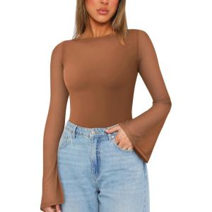 imageREORIA Womens Trendy Sexy Boat Neck Bell Sleeve Sheer Mesh Going Out Bodysuit TopsBrown