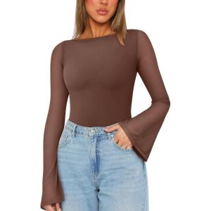 imageREORIA Womens Trendy Sexy Boat Neck Bell Sleeve Sheer Mesh Going Out Bodysuit TopsCoffee