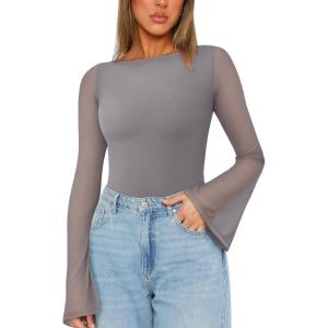 imageREORIA Womens Trendy Sexy Boat Neck Bell Sleeve Sheer Mesh Going Out Bodysuit TopsDeep Grey