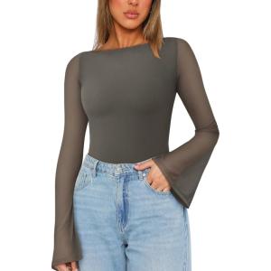 imageREORIA Womens Trendy Sexy Boat Neck Bell Sleeve Sheer Mesh Going Out Bodysuit TopsGrey Green