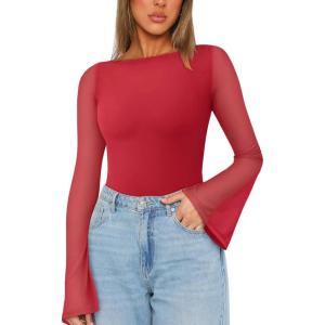 imageREORIA Womens Trendy Sexy Boat Neck Bell Sleeve Sheer Mesh Going Out Bodysuit TopsRed