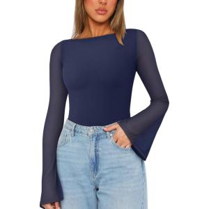 imageREORIA Womens Trendy Sexy Boat Neck Bell Sleeve Sheer Mesh Going Out Bodysuit TopsStarry Blue