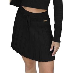 imageREORIA Womens Trendy Sexy High Waisted Pleated Skirts A Line Flared Going Out Mini Knit SkirtsBlack