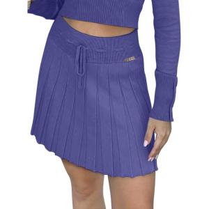 imageREORIA Womens Trendy Sexy High Waisted Pleated Skirts A Line Flared Going Out Mini Knit SkirtsBlue