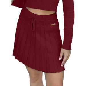 imageREORIA Womens Trendy Sexy High Waisted Pleated Skirts A Line Flared Going Out Mini Knit SkirtsBurgundy