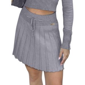 imageREORIA Womens Trendy Sexy High Waisted Pleated Skirts A Line Flared Going Out Mini Knit SkirtsLight Heather Grey
