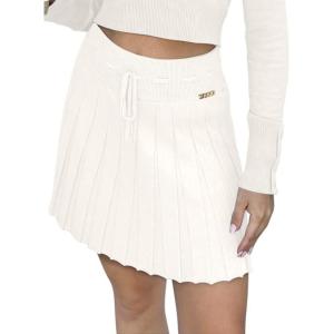 imageREORIA Womens Trendy Sexy High Waisted Pleated Skirts A Line Flared Going Out Mini Knit SkirtsOffwhite