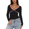 imageREORIA Sexy Lace Long Sleeve Shirts for Women V Neck Slim Fitted Y2K Trendy Fall Going Out Tops ClothingBlack