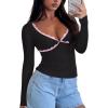 imageREORIA Sexy Lace Long Sleeve Shirts for Women V Neck Slim Fitted Y2K Trendy Fall Going Out Tops ClothingBlack