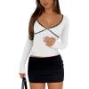 imageREORIA Sexy Lace Long Sleeve Shirts for Women V Neck Slim Fitted Y2K Trendy Fall Going Out Tops ClothingWhite