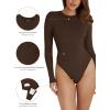 imageREORIA Womens Basic Crewneck Long Sleeve Tummy Control Thong Bodysuit TopsCocoa