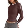 imageREORIA Womens Color Block Workout Long Sleeve Crop Tops Trendy Slim Fitted Striped Shirts Teen Girl Clothes 2025Dark Coffee
