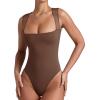 imageREORIA Womens Sexy Sleeveless Square Neck Mesh Sheer Double Lined 2025 Trendy Going Out Bodysuit TopsCoffee