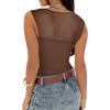 imageREORIA Womens Sexy Sleeveless Square Neck Mesh Sheer Double Lined 2025 Trendy Going Out Bodysuit TopsCoffee