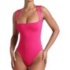 imageREORIA Womens Sexy Sleeveless Square Neck Mesh Sheer Double Lined 2025 Trendy Going Out Bodysuit TopsNeon Rose Red