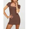 imageREORIA Womens Sexy Square Neck Bodycon Short Dress Elegant Basic Short Sleeve Ribbed Party Club Mini DressCoffee