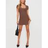 imageREORIA Womens Sexy Square Neck Bodycon Short Dress Elegant Basic Short Sleeve Ribbed Party Club Mini DressCoffee
