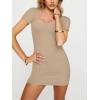 imageREORIA Womens Sexy Square Neck Bodycon Short Dress Elegant Basic Short Sleeve Ribbed Party Club Mini DressKhaki