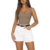 imageREORIA Womens Sexy Square Neck Sleeveless Backless Seamless Double Lined Bodysuits Tank TopsKhaki