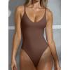 imageREORIA Womens Sexy Trendy Open Back V Neck Spaghetti Strap Backless Trendy Cami Bodysuit TopsCoffee