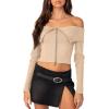 imageREORIA Womens Y2k Trendy Off The Shoulder Double Zip Up Fall Long Sleeve Cropped Pullover Sweaters TopsApricot