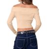 imageREORIA Womens Y2k Trendy Off The Shoulder Double Zip Up Fall Long Sleeve Cropped Pullover Sweaters TopsApricot