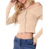 imageREORIA Womens Y2k Trendy Off The Shoulder Double Zip Up Fall Long Sleeve Cropped Pullover Sweaters TopsApricot