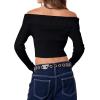imageREORIA Womens Y2k Trendy Off The Shoulder Double Zip Up Fall Long Sleeve Cropped Pullover Sweaters TopsBlack