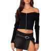imageREORIA Womens Y2k Trendy Off The Shoulder Double Zip Up Fall Long Sleeve Cropped Pullover Sweaters TopsBlack