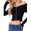 imageREORIA Womens Y2k Trendy Off The Shoulder Double Zip Up Fall Long Sleeve Cropped Pullover Sweaters TopsBlack