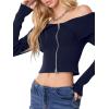 imageREORIA Womens Y2k Trendy Off The Shoulder Double Zip Up Fall Long Sleeve Cropped Pullover Sweaters TopsRoyal Blue