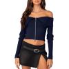 imageREORIA Womens Y2k Trendy Off The Shoulder Double Zip Up Fall Long Sleeve Cropped Pullover Sweaters TopsRoyal Blue