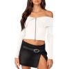 imageREORIA Womens Y2k Trendy Off The Shoulder Double Zip Up Fall Long Sleeve Cropped Pullover Sweaters TopsWhite