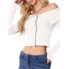 imageREORIA Womens Y2k Trendy Off The Shoulder Double Zip Up Fall Long Sleeve Cropped Pullover Sweaters TopsWhite